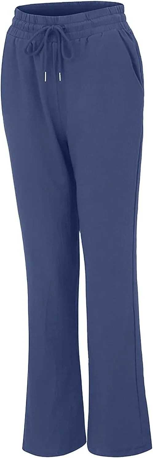 DASAYO Womens Summer Cotton Linen Lounge Pants Elastic Waist Trendy Casual Trousers Solid Color Drawstring Loose Long Pants