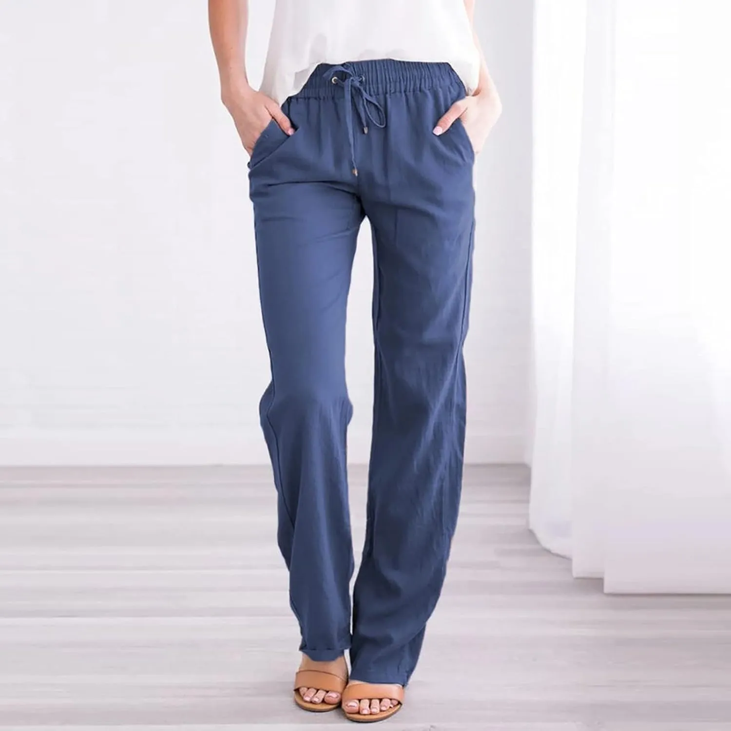DASAYO Womens Summer Cotton Linen Lounge Pants Elastic Waist Trendy Casual Trousers Solid Color Drawstring Loose Long Pants
