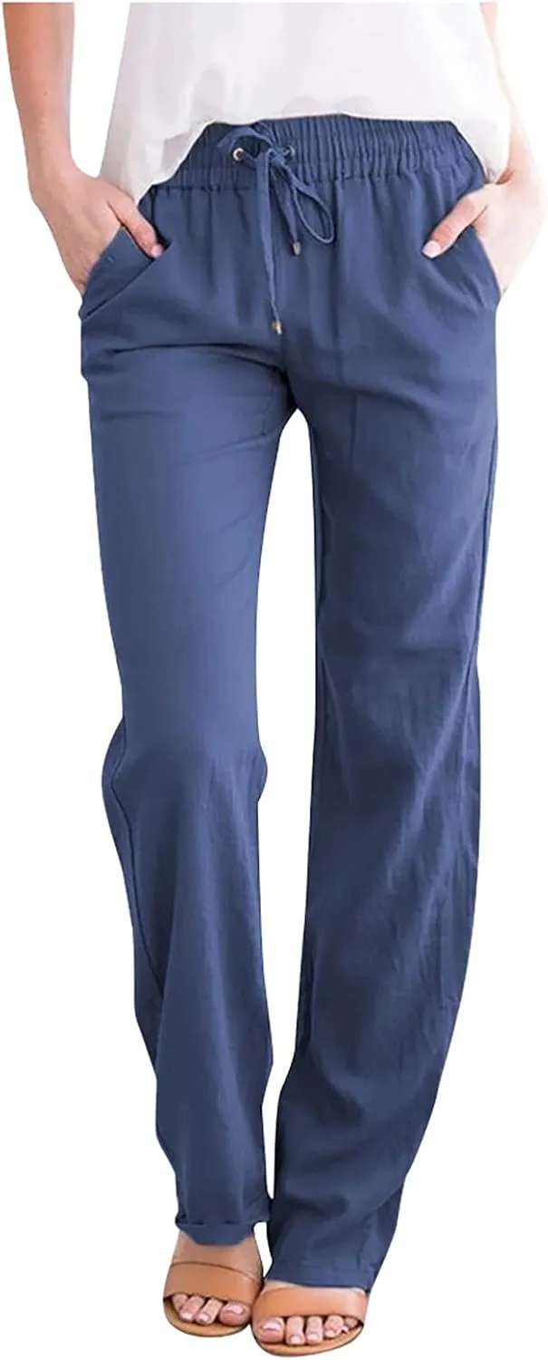 DASAYO Womens Summer Cotton Linen Lounge Pants Elastic Waist Trendy Casual Trousers Solid Color Drawstring Loose Long Pants