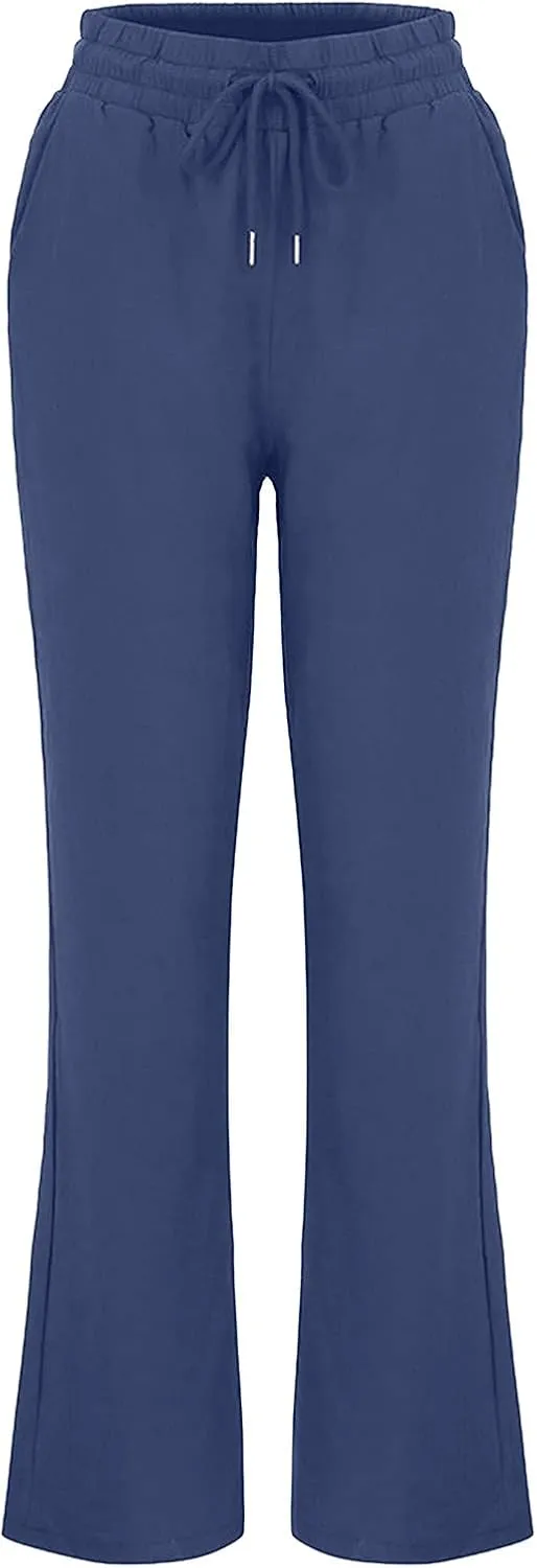 DASAYO Womens Summer Cotton Linen Lounge Pants Elastic Waist Trendy Casual Trousers Solid Color Drawstring Loose Long Pants
