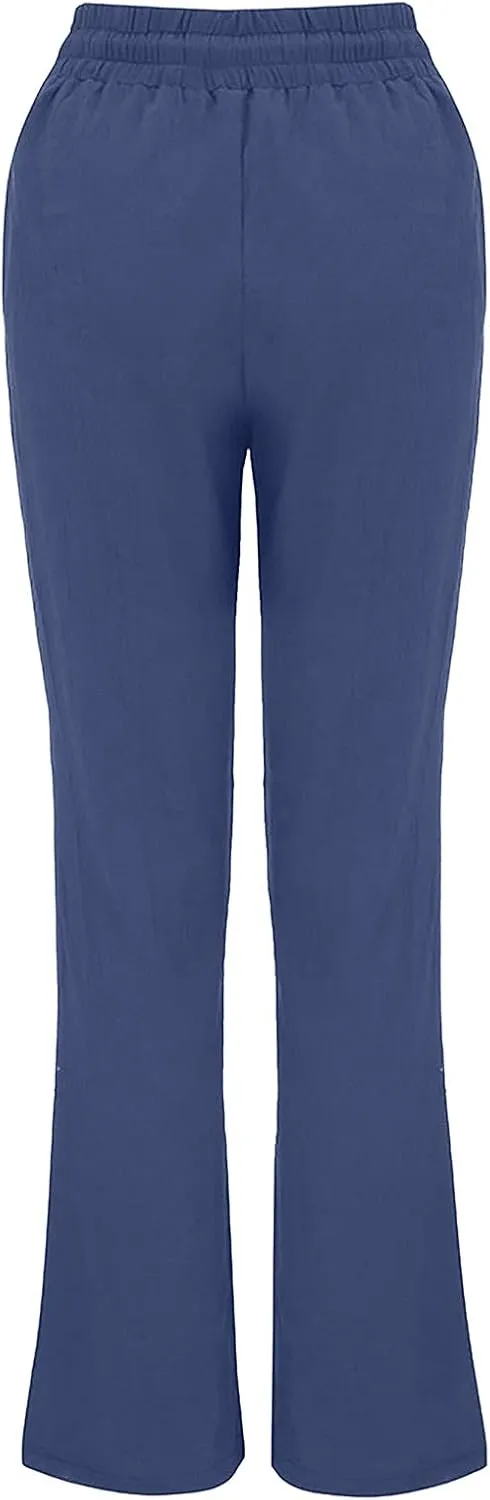 DASAYO Womens Summer Cotton Linen Lounge Pants Elastic Waist Trendy Casual Trousers Solid Color Drawstring Loose Long Pants