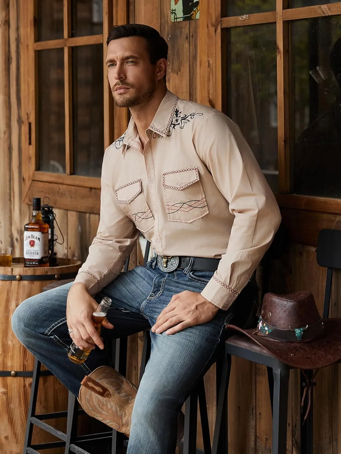 Daupanzees Men's Western Cowboy Shirt Long Sleeve Embroidered Shirt Slim Fit Casual Button Down Shirts with Pockets