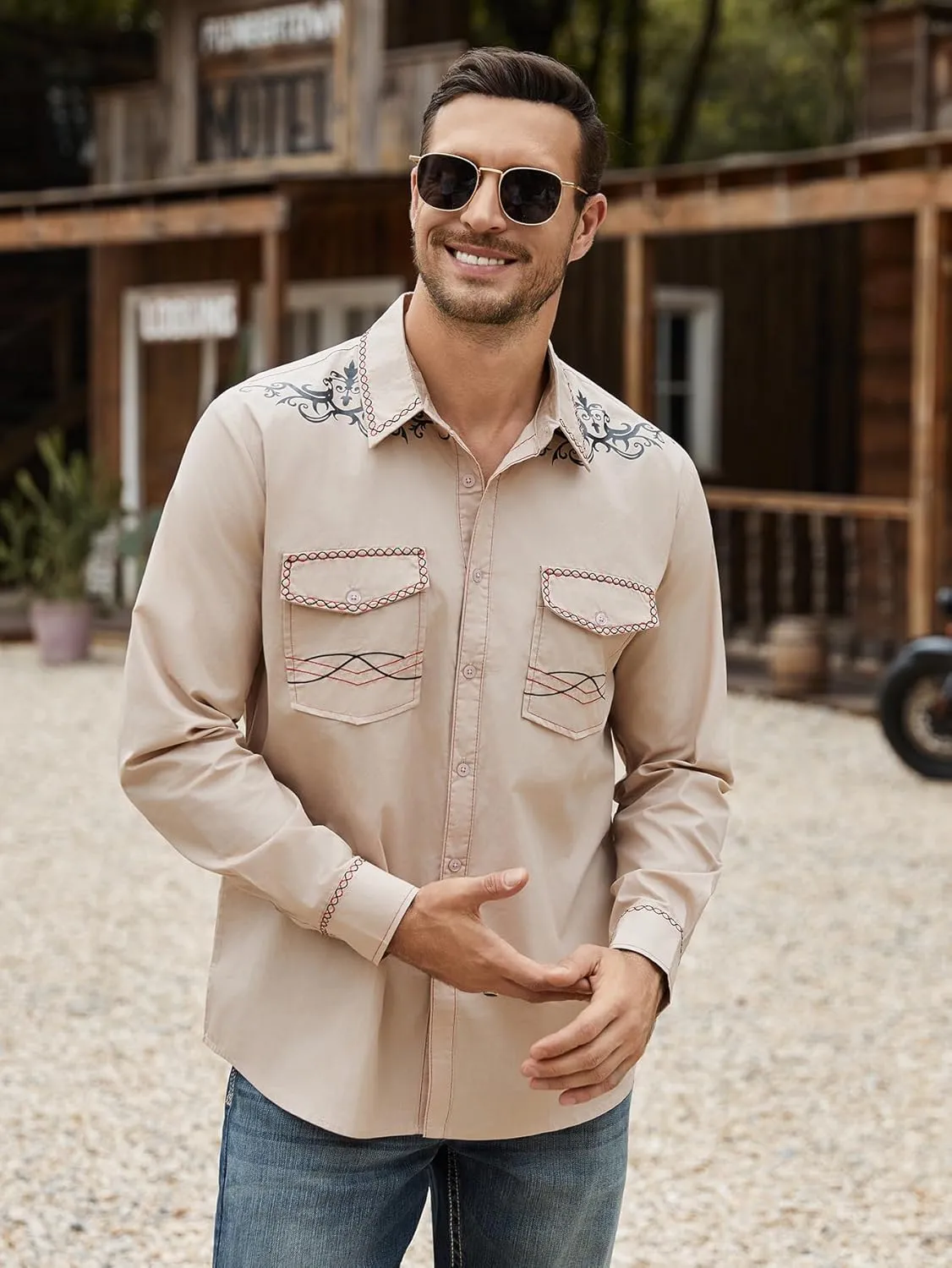 Daupanzees Men's Western Cowboy Shirt Long Sleeve Embroidered Shirt Slim Fit Casual Button Down Shirts with Pockets