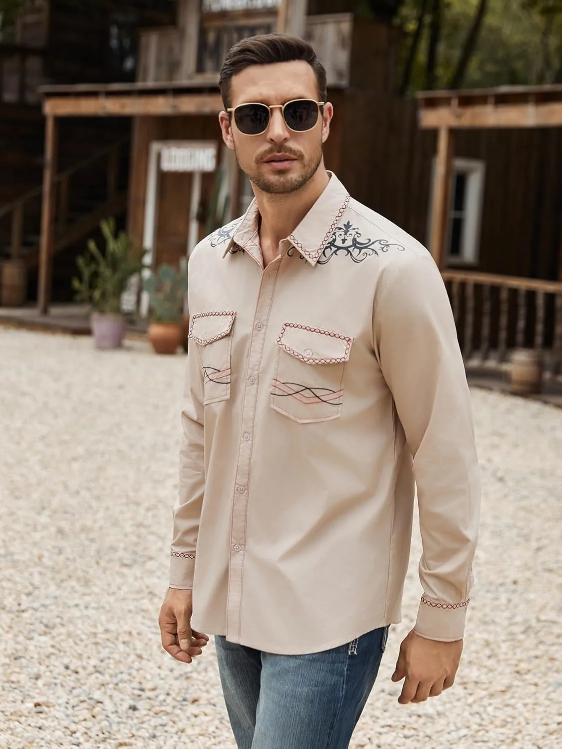 Daupanzees Men's Western Cowboy Shirt Long Sleeve Embroidered Shirt Slim Fit Casual Button Down Shirts with Pockets