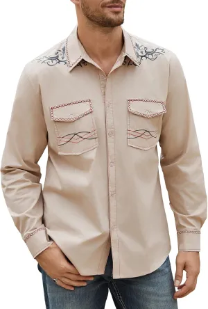 Daupanzees Men's Western Cowboy Shirt Long Sleeve Embroidered Shirt Slim Fit Casual Button Down Shirts with Pockets