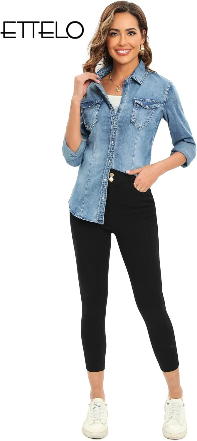 Denim Shirt for Women Long Sleeve Cotton Lightweight Fashion Denim Jacket for Women-2 Pockets