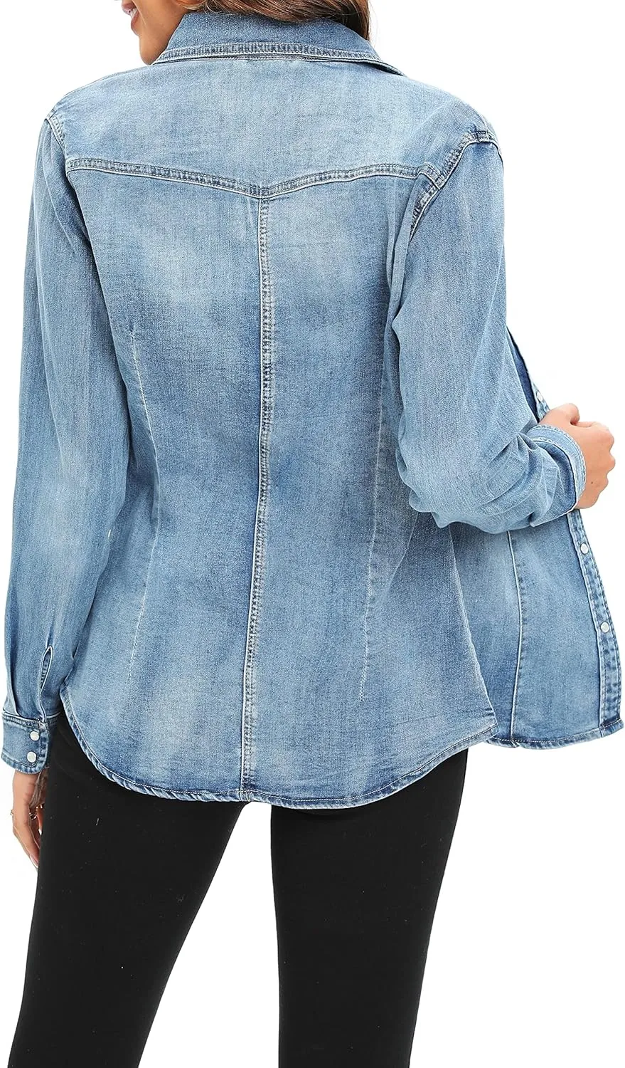 Denim Shirt for Women Long Sleeve Cotton Lightweight Fashion Denim Jacket for Women-2 Pockets