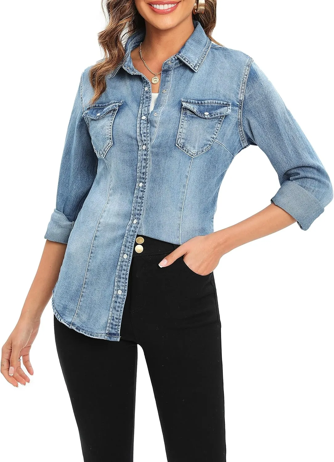 Denim Shirt for Women Long Sleeve Cotton Lightweight Fashion Denim Jacket for Women-2 Pockets