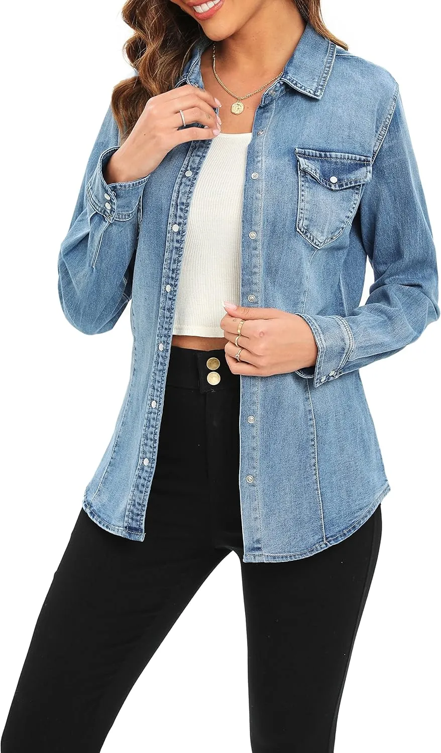 Denim Shirt for Women Long Sleeve Cotton Lightweight Fashion Denim Jacket for Women-2 Pockets