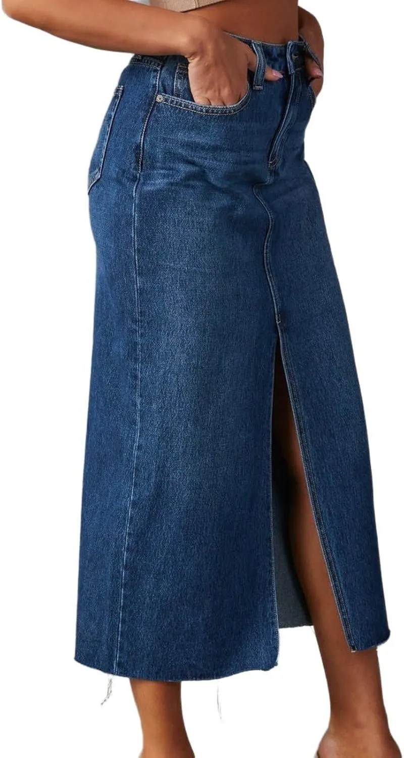 Denim Skirts for Womens High Waisted Washed Raw Hem Casual A-Line Long Jean Skirts