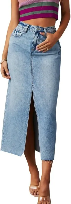 Denim Skirts for Womens High Waisted Washed Raw Hem Casual A-Line Long Jean Skirts