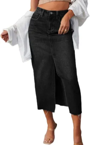 Denim Skirts for Womens High Waisted Washed Raw Hem Casual A-Line Long Jean Skirts