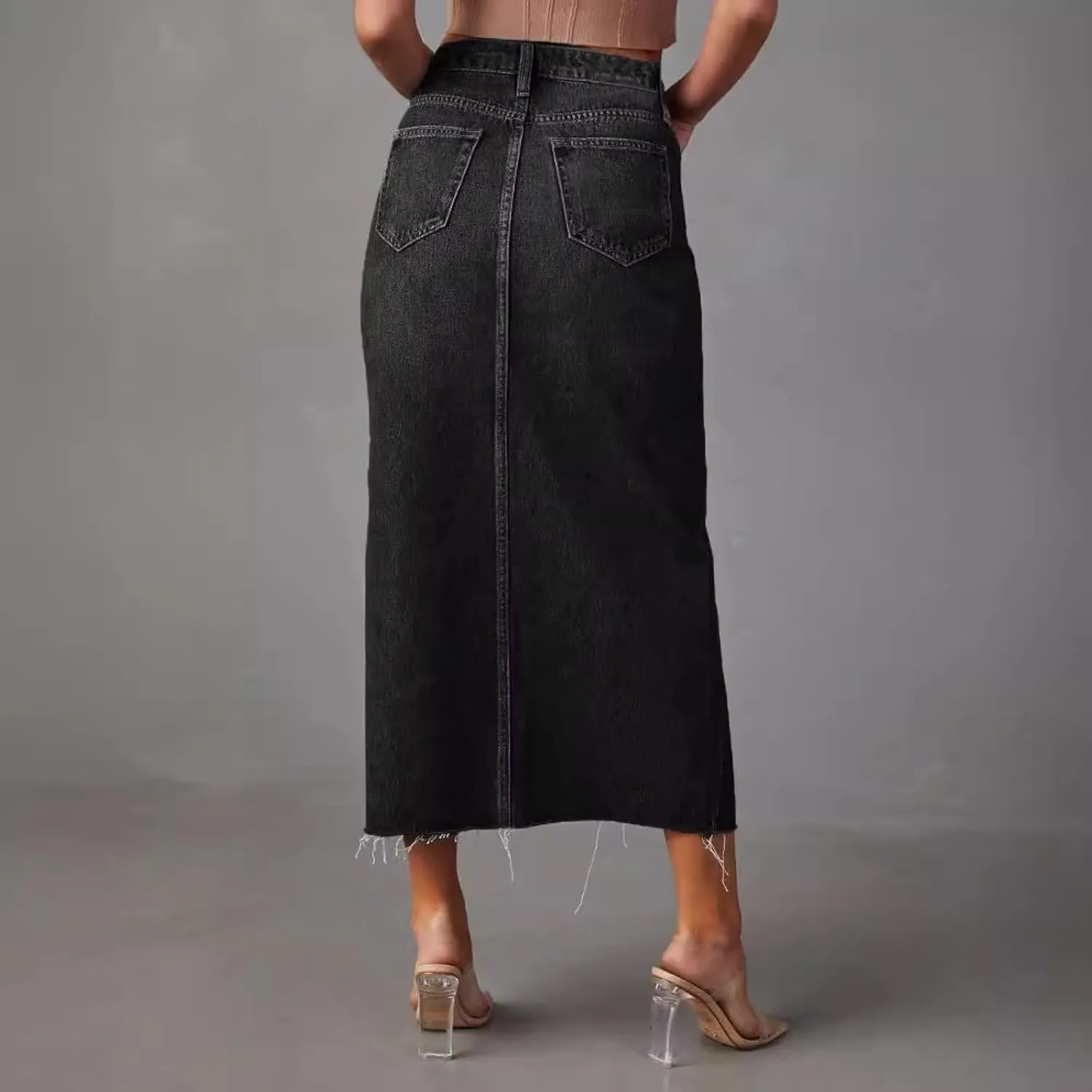 Denim Skirts for Womens High Waisted Washed Raw Hem Casual A-Line Long Jean Skirts