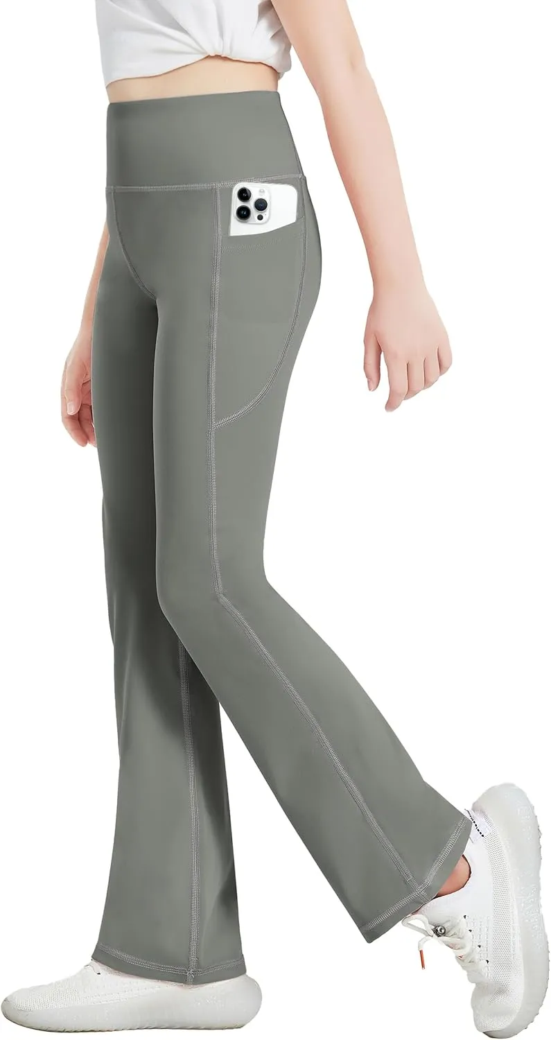 Desol 3 Pack Girls Flare Leggings with Pockets, High Waist Bootcut Yoga Pants, Dance Athletic Bell Bottoms for Teen &Kids