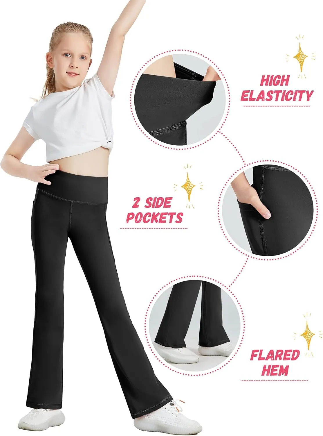 Desol 3 Pack Girls Flare Leggings with Pockets, High Waist Bootcut Yoga Pants, Dance Athletic Bell Bottoms for Teen &Kids