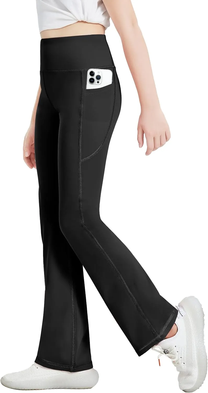 Desol 3 Pack Girls Flare Leggings with Pockets, High Waist Bootcut Yoga Pants, Dance Athletic Bell Bottoms for Teen &Kids