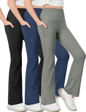 Desol 3 Pack Girls Flare Leggings with Pockets, High Waist Bootcut Yoga Pants, Dance Athletic Bell Bottoms for Teen &Kids