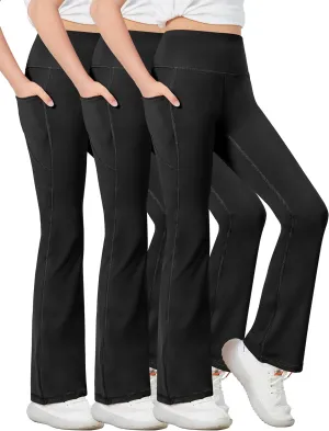 Desol 3 Pack Girls Flare Leggings with Pockets, High Waist Bootcut Yoga Pants, Dance Athletic Bell Bottoms for Teen &Kids