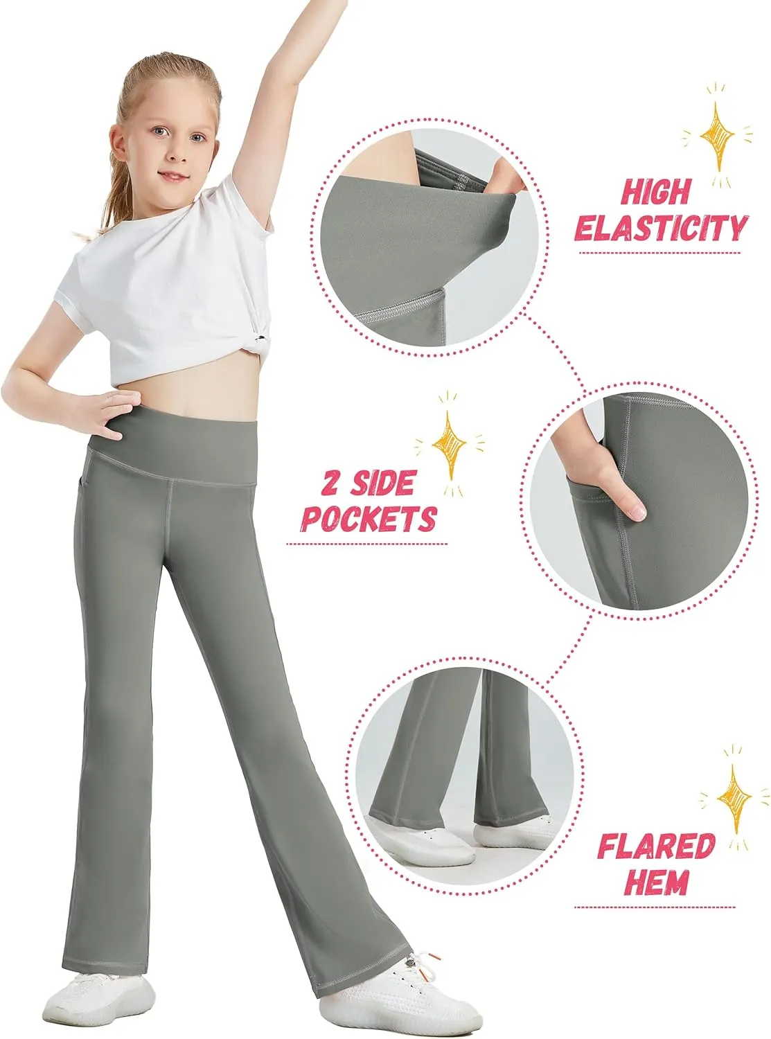 Desol 3 Pack Girls Flare Leggings with Pockets, High Waist Bootcut Yoga Pants, Dance Athletic Bell Bottoms for Teen &Kids