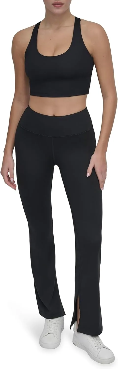 DKNY womens High Waisted Compression Flared Slit Yoga Pant