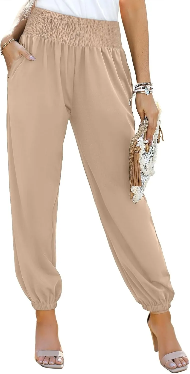 Dokotoo Womens High Waisted Pants Summer Casual Loose Wide Leg Palazzo Flowy Beach Trousers with Pockets