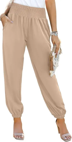 Dokotoo Womens High Waisted Pants Summer Casual Loose Wide Leg Palazzo Flowy Beach Trousers with Pockets