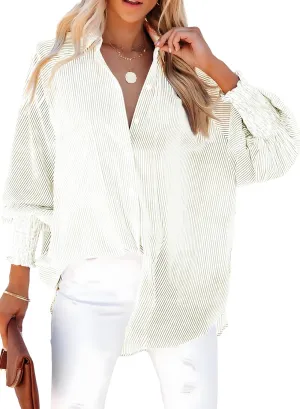 Dokotoo Womens V Neck Striped Button Down Shirts Long Sleeve Tunic Tops