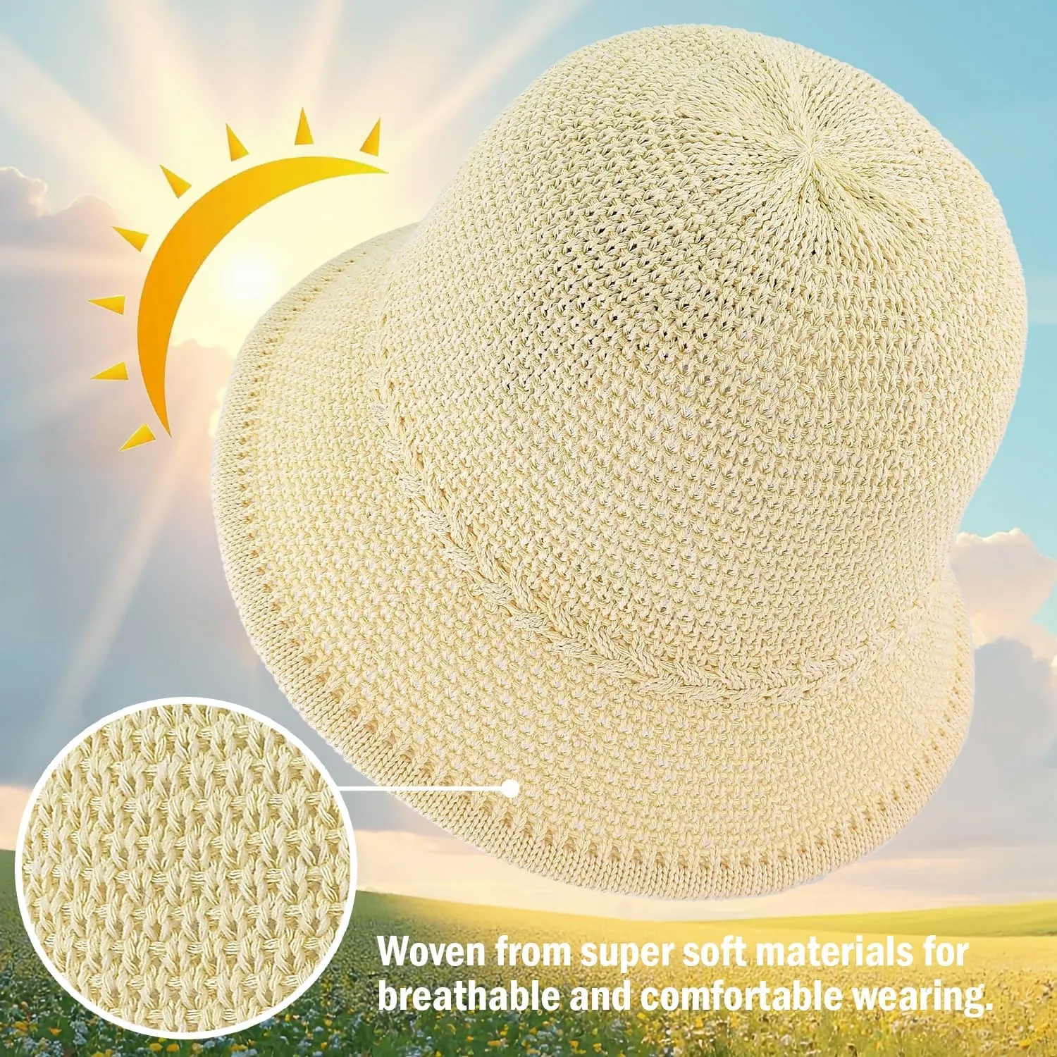EINSKEY Women's Crochet Bucket Hat - UV Protection Lightweight Packable Faux Straw Sun Hat for Outdoor Beach Travel Hiking