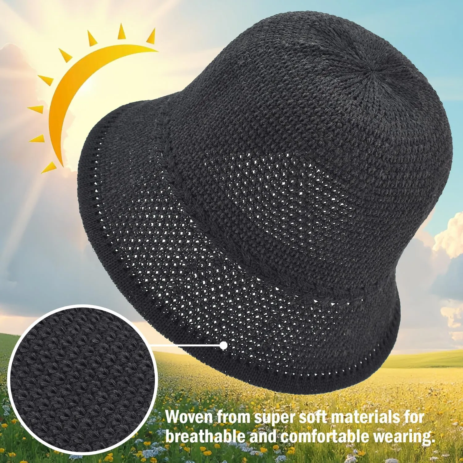 EINSKEY Women's Crochet Bucket Hat - UV Protection Lightweight Packable Faux Straw Sun Hat for Outdoor Beach Travel Hiking