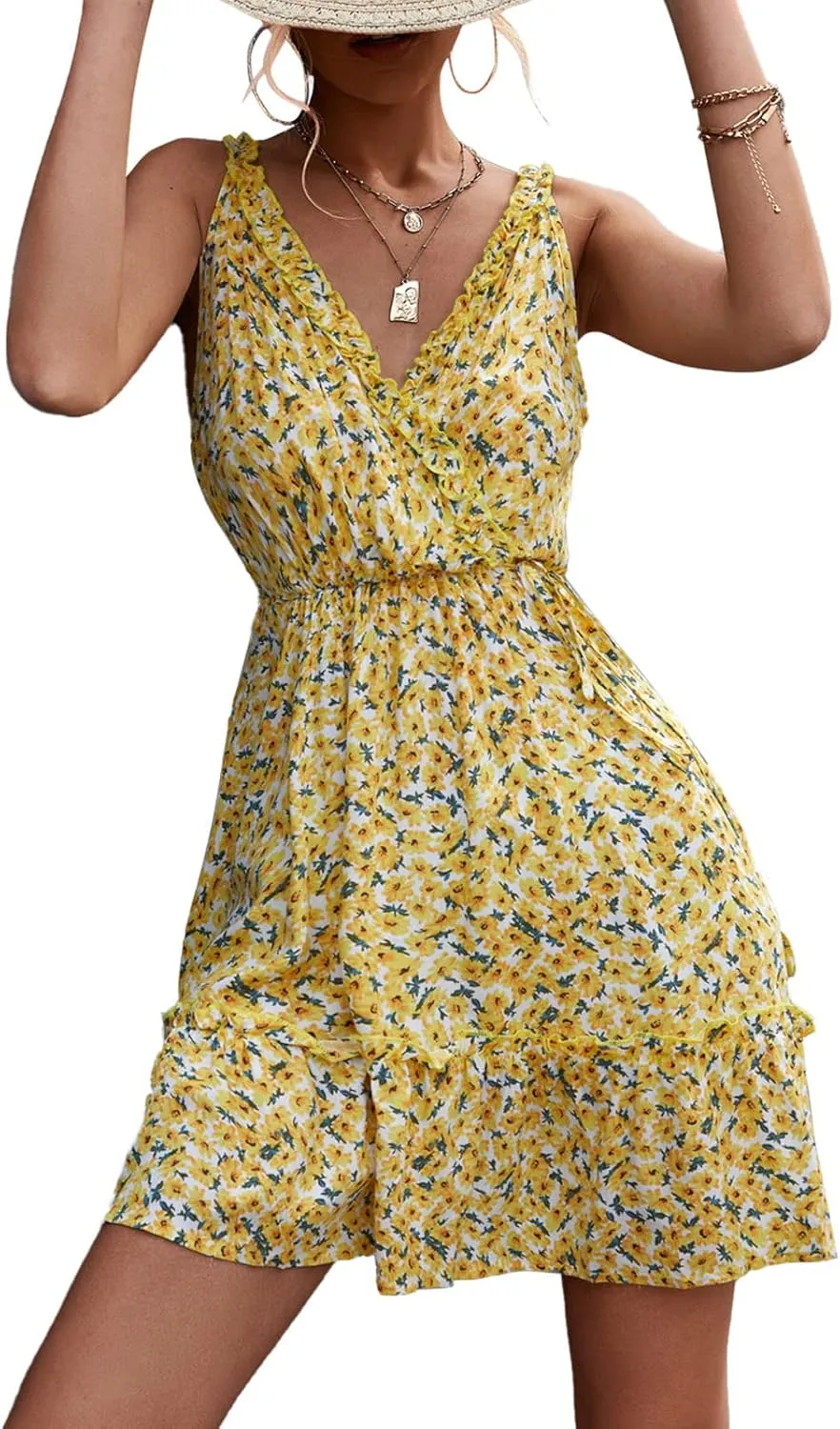 Ejoyous Women Floral Print Dress Sleeveless V Neck Short Dress Waist Belted Loose Ruffles Hem Knee Length Mini Dress(S-White Yellow)