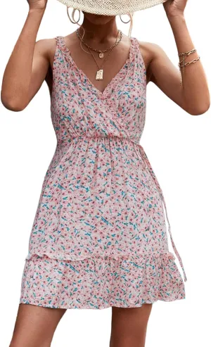 Ejoyous Women Floral Print Dress Sleeveless V Neck Short Dress Waist Belted Loose Ruffles Hem Knee Length Mini Dress(XL-White)