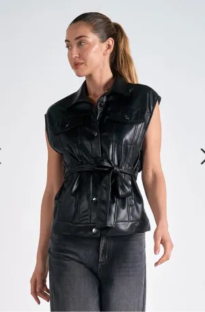 Elan Vegan Leather Button Down Vest with Belt