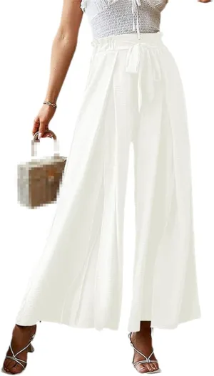 ERFMFKL Women's Lightweight Trousers Bow Loose Fold Wide Leg Pants High Waist Lace Up Pants