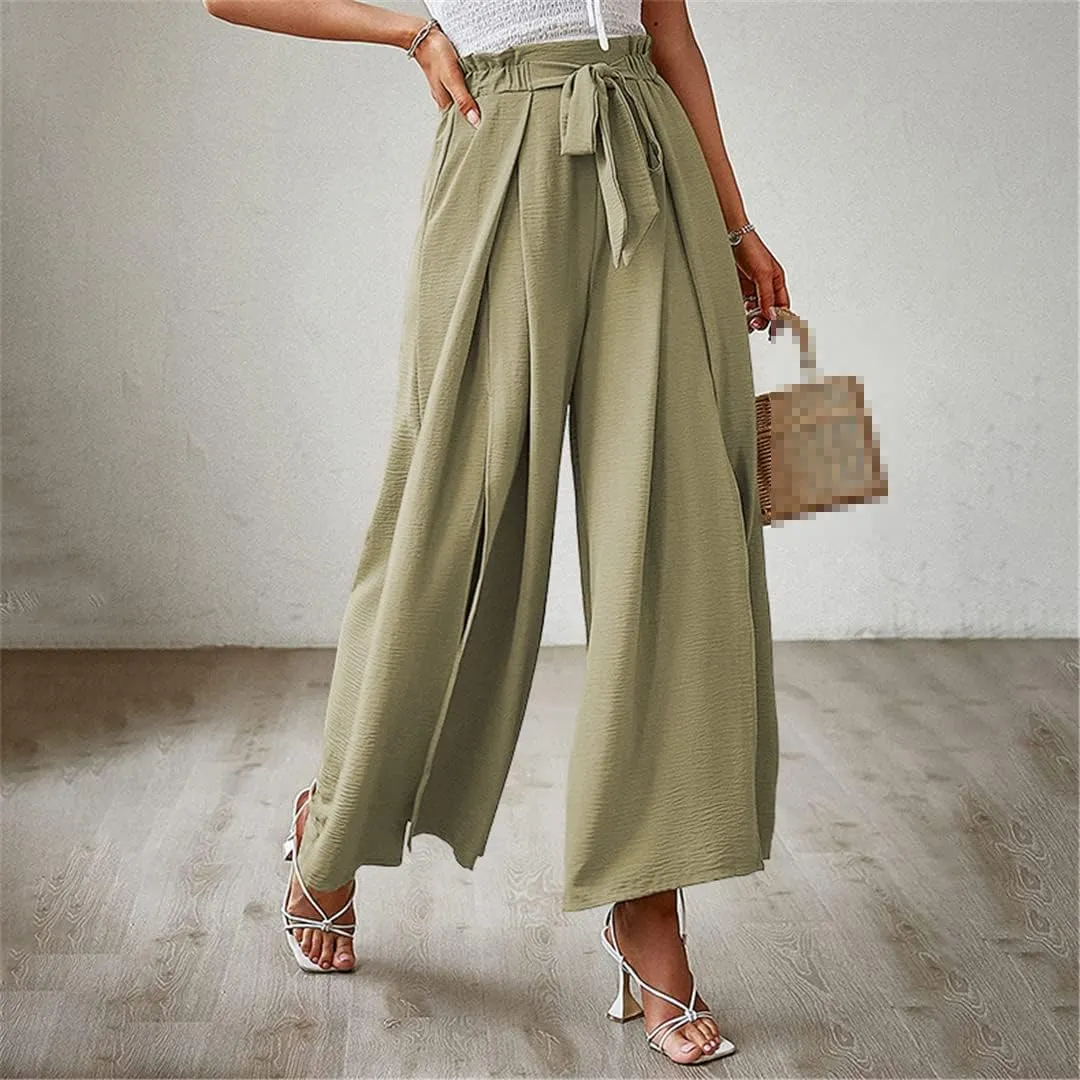 ERFMFKL Women's Lightweight Trousers Bow Loose Fold Wide Leg Pants High Waist Lace Up Pants