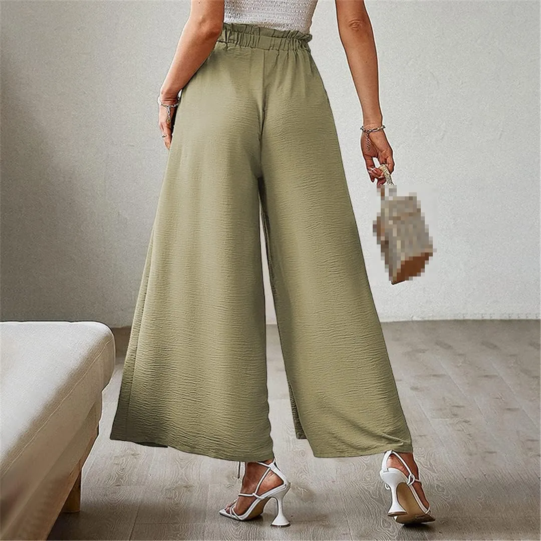 ERFMFKL Women's Lightweight Trousers Bow Loose Fold Wide Leg Pants High Waist Lace Up Pants