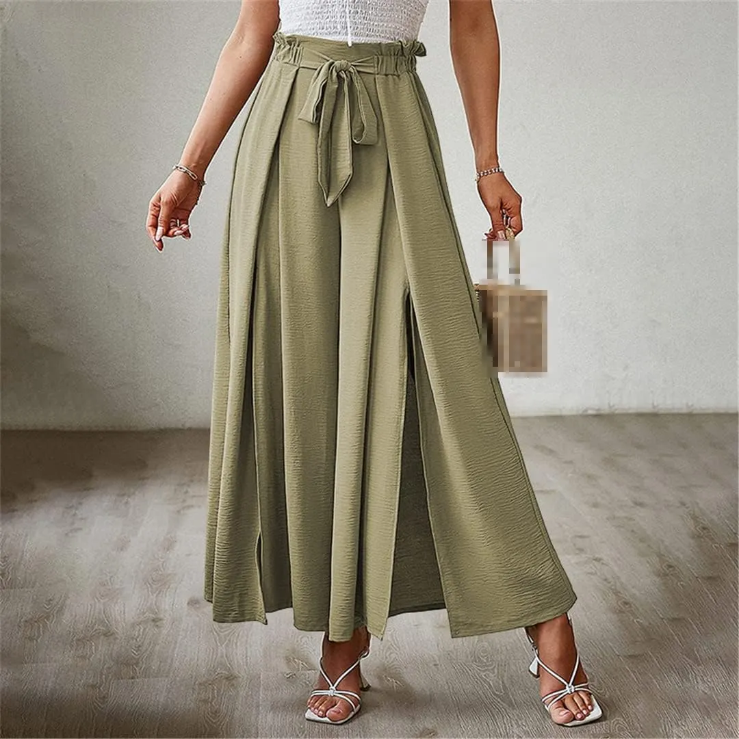 ERFMFKL Women's Lightweight Trousers Bow Loose Fold Wide Leg Pants High Waist Lace Up Pants