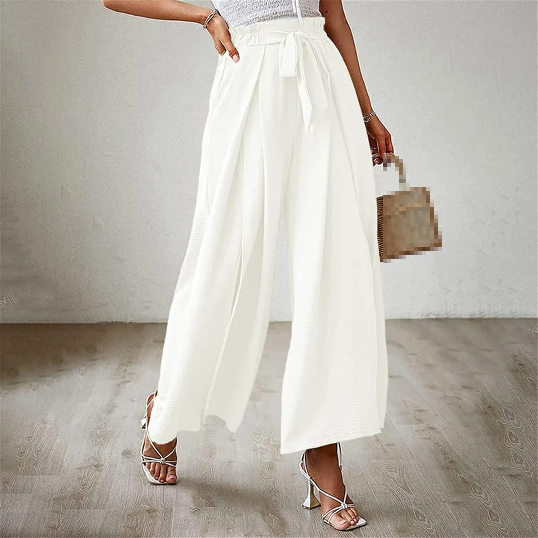 ERFMFKL Women's Lightweight Trousers Bow Loose Fold Wide Leg Pants High Waist Lace Up Pants