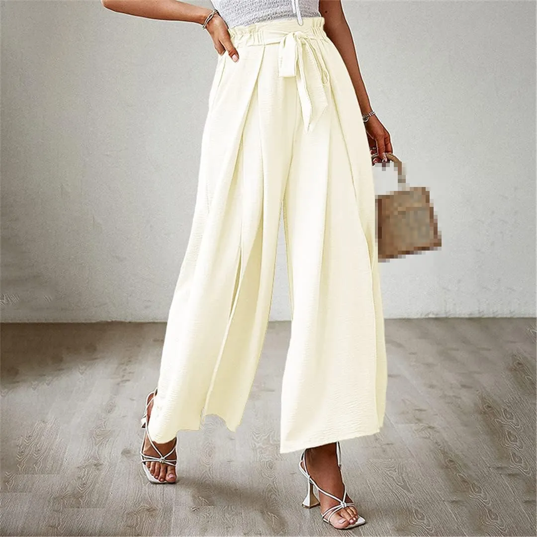 ERFMFKL Women's Lightweight Trousers Bow Loose Fold Wide Leg Pants High Waist Lace Up Pants