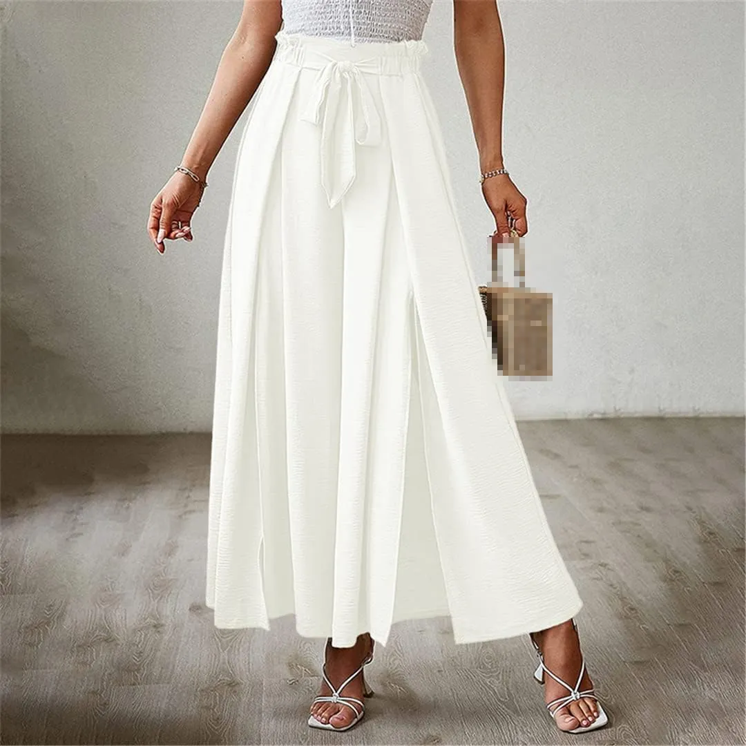 ERFMFKL Women's Lightweight Trousers Bow Loose Fold Wide Leg Pants High Waist Lace Up Pants
