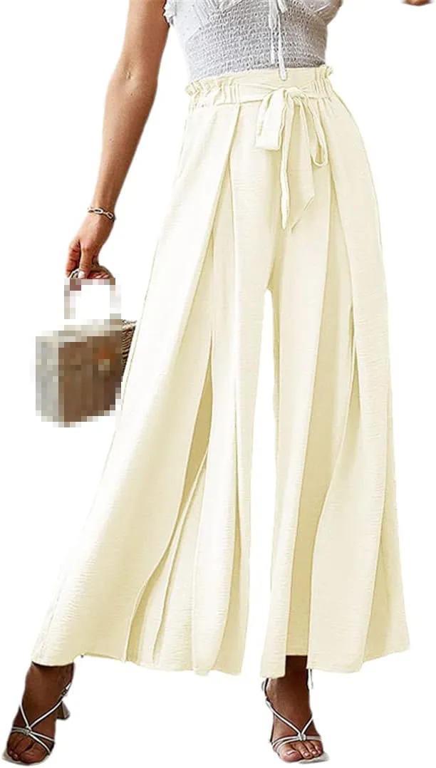 ERFMFKL Women's Lightweight Trousers Bow Loose Fold Wide Leg Pants High Waist Lace Up Pants