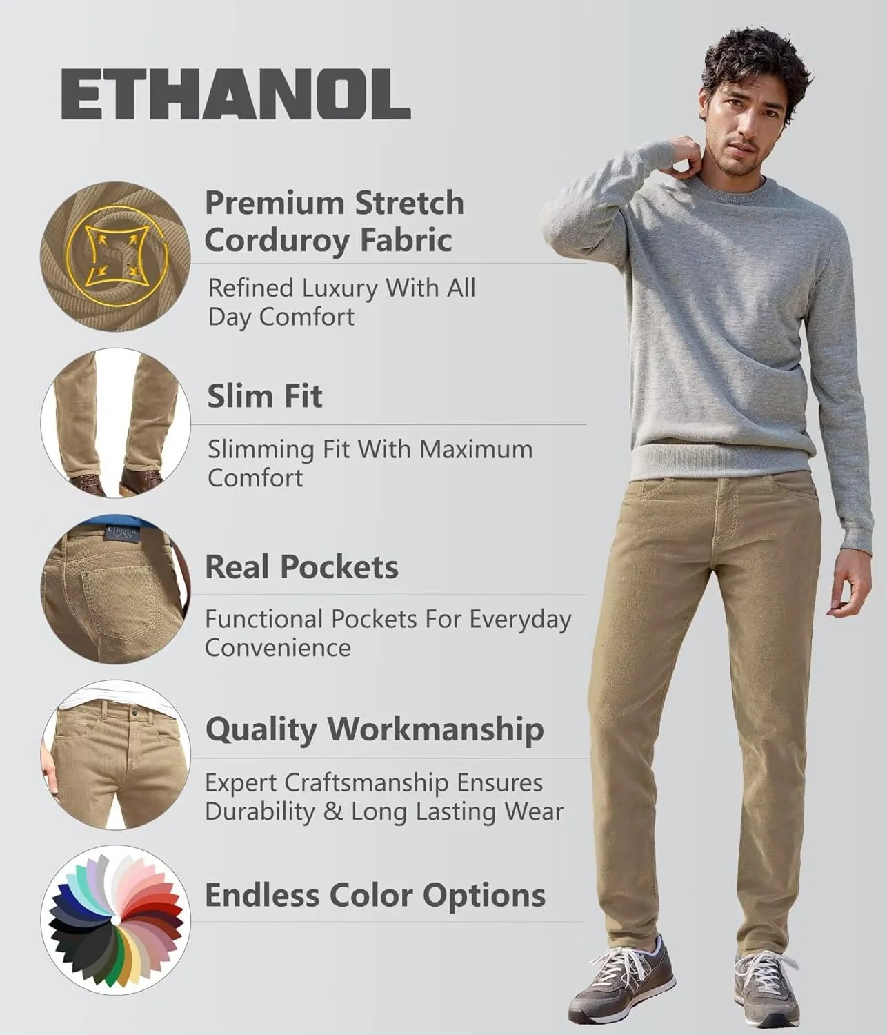 ETHANOL Men's Slim Stretchy Casual Corduroy Pant