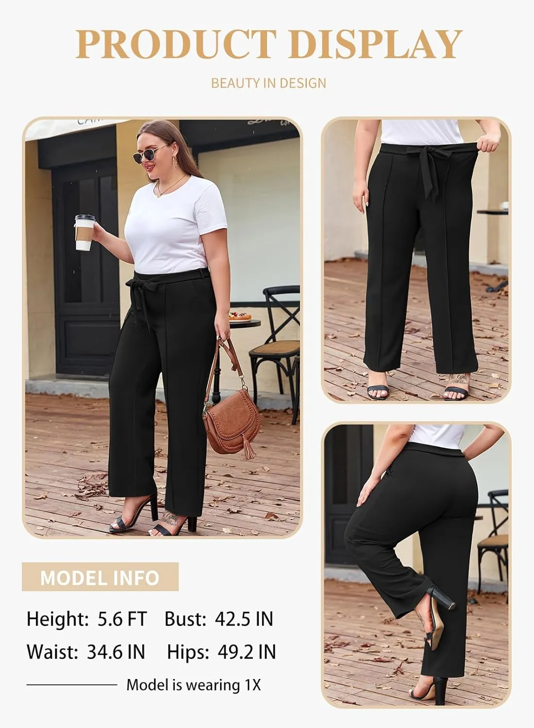 Eytino Plus Size Pants for Women Casual High Waisted Tie Knot Loose Work Pant Lounge Trousers with Pockets(1X-5X)