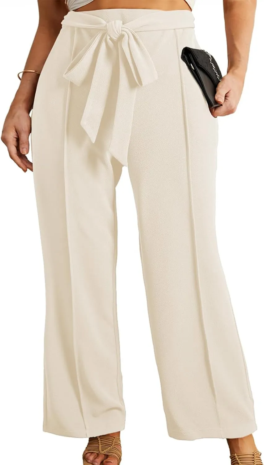 Eytino Plus Size Pants for Women Casual High Waisted Tie Knot Loose Work Pant Lounge Trousers with Pockets(1X-5X)