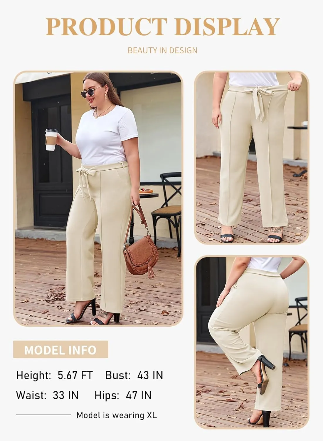 Eytino Plus Size Pants for Women Casual High Waisted Tie Knot Loose Work Pant Lounge Trousers with Pockets(1X-5X)