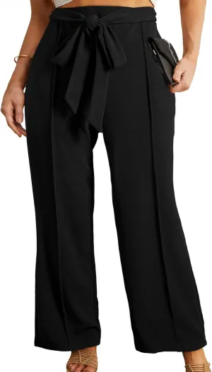 Eytino Plus Size Pants for Women Casual High Waisted Tie Knot Loose Work Pant Lounge Trousers with Pockets(1X-5X)