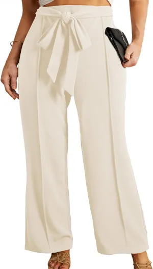Eytino Plus Size Pants for Women Casual High Waisted Tie Knot Loose Work Pant Lounge Trousers with Pockets(1X-5X)