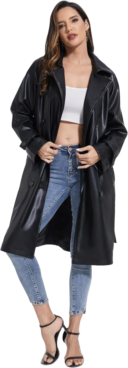 Fahsyee Women's Leather Trench Coat, Faux Motorcycle Plus Size Moto Biker Jacket Short Lightweight Vegan Pleather Fashion