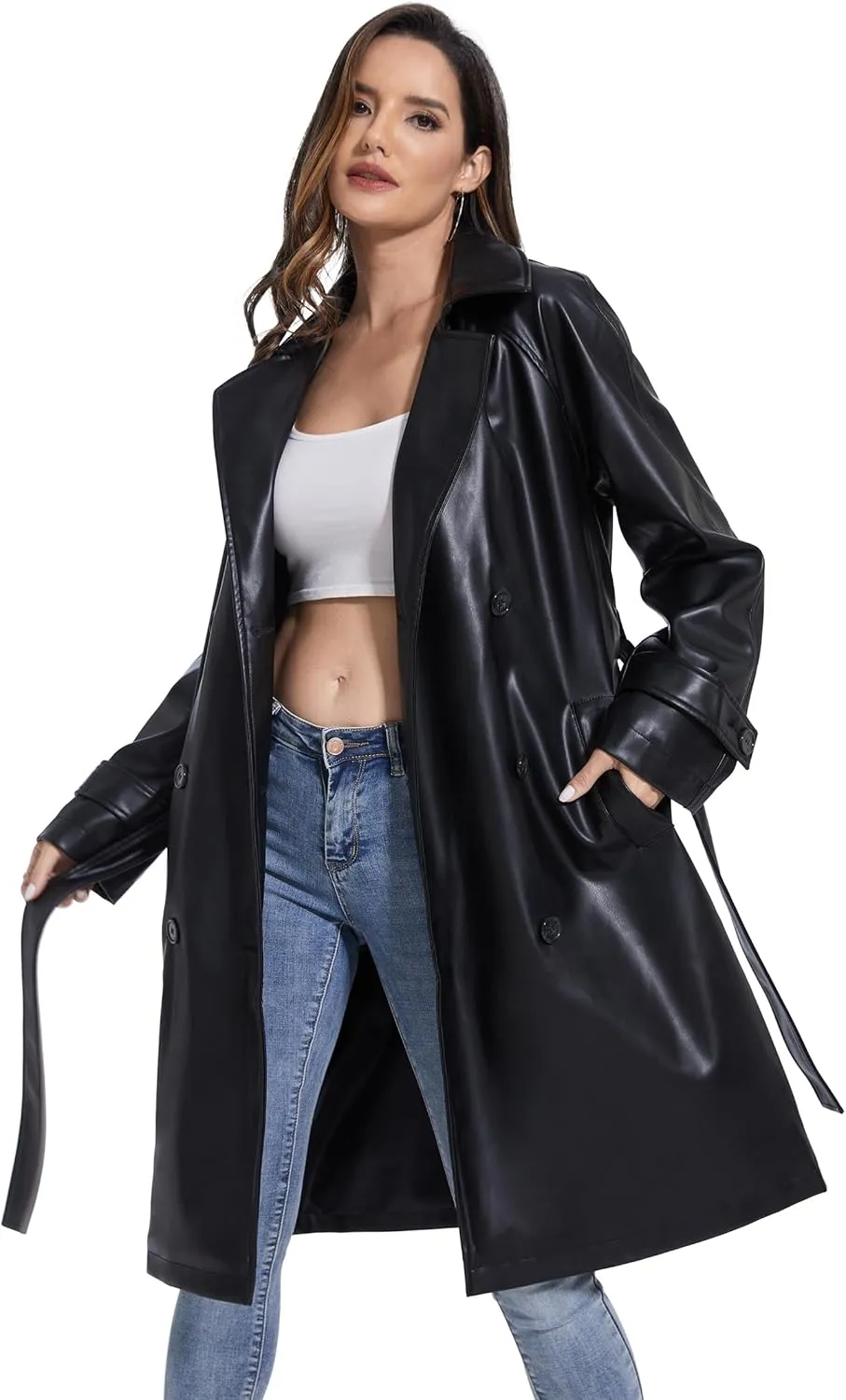 Fahsyee Women's Leather Trench Coat, Faux Motorcycle Plus Size Moto Biker Jacket Short Lightweight Vegan Pleather Fashion