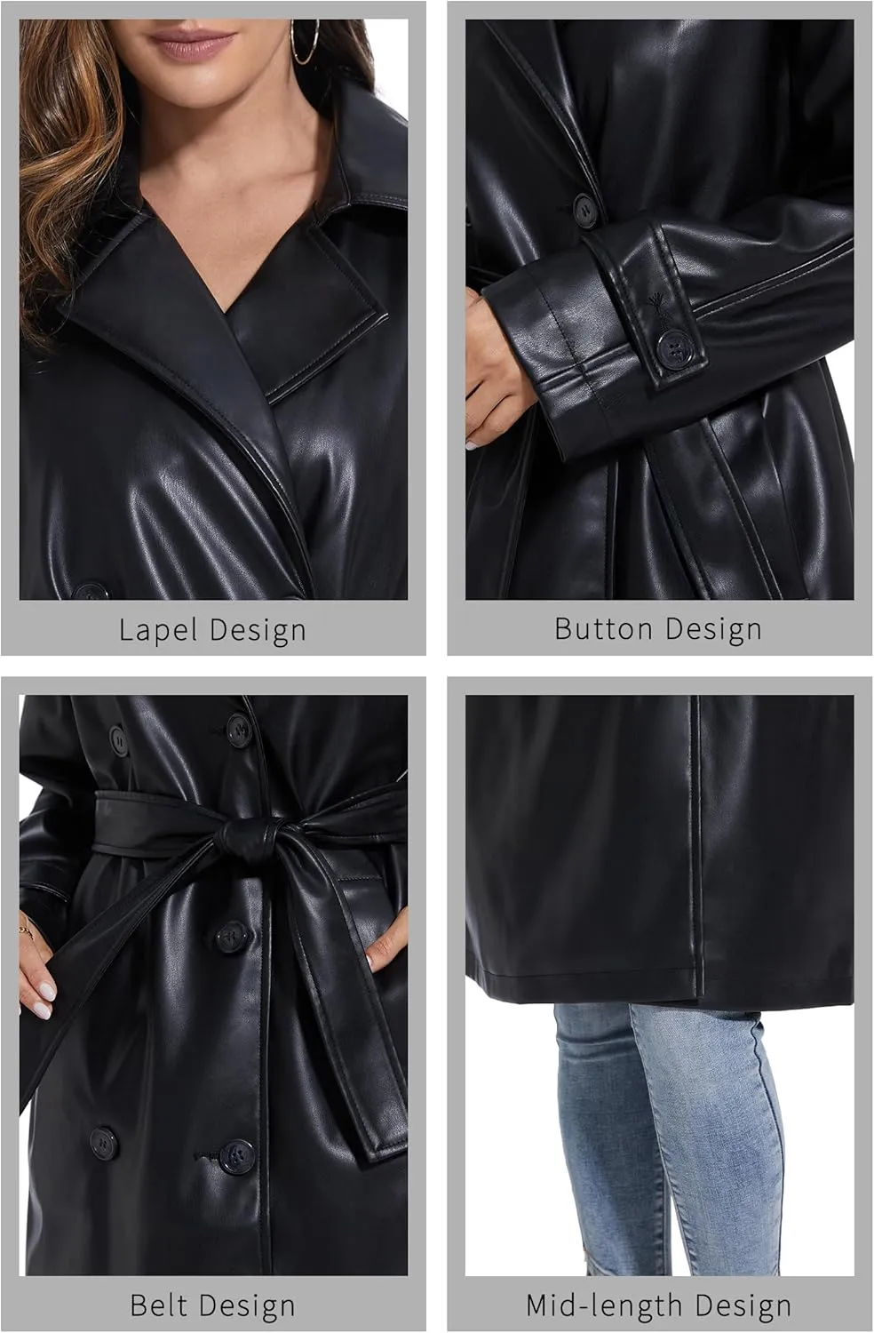 Fahsyee Women's Leather Trench Coat, Faux Motorcycle Plus Size Moto Biker Jacket Short Lightweight Vegan Pleather Fashion