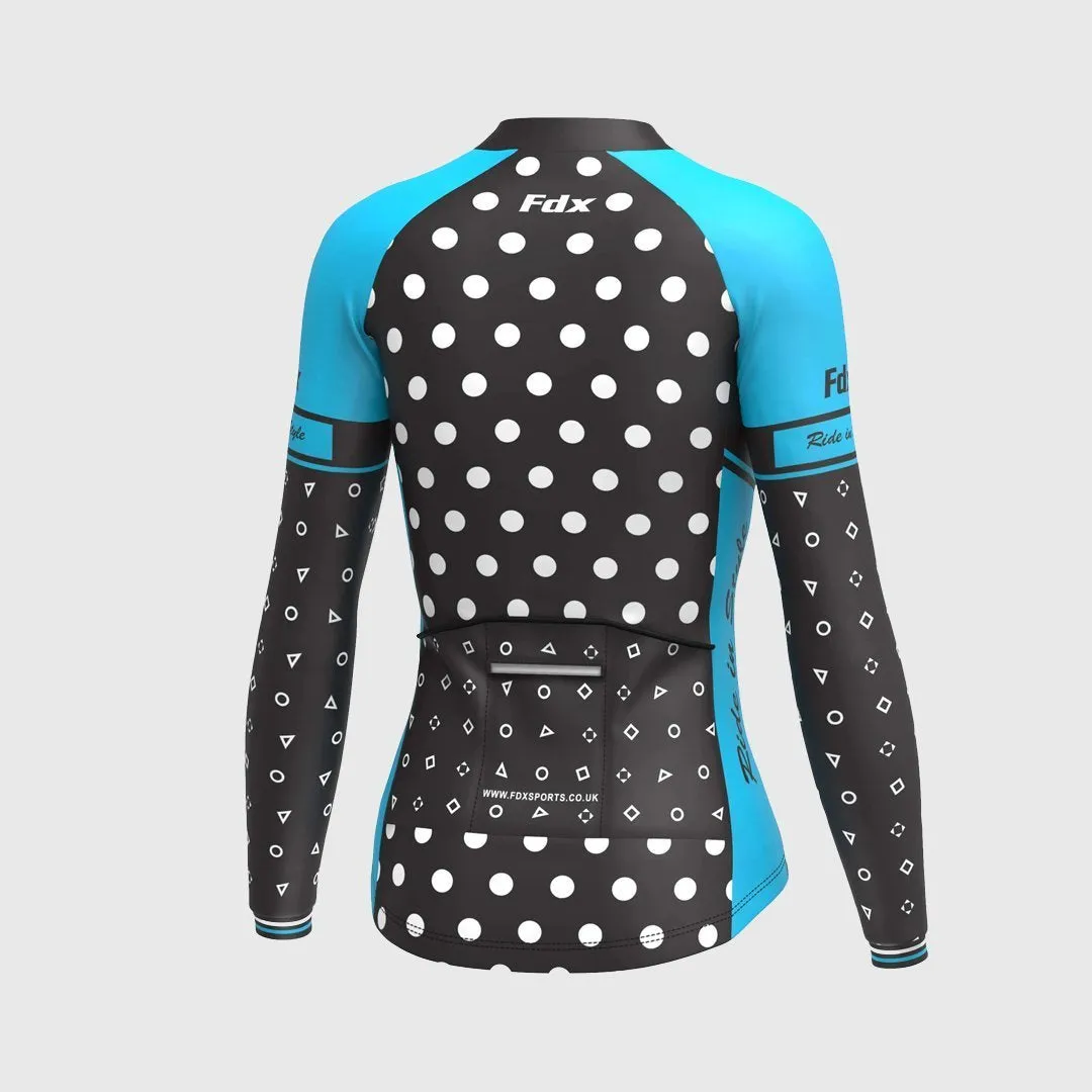 Fdx Women's Set Polka Dots Thermal Long Sleeve Cycling Jersey & Bib Tights - Blue